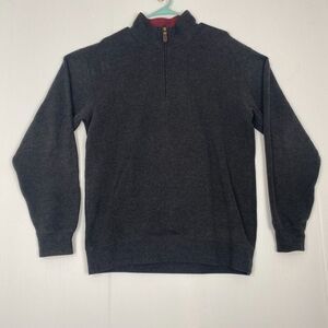 ORVIS Men's 100% Cotton Sweater Size M  1/4 Zip Dark Gray Leather Trim Pullover